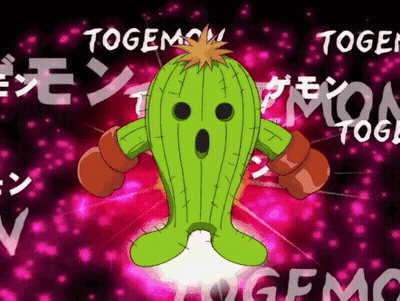 A Green Cactus With Boxing Gloves And The Word Togemon GIF
