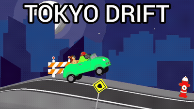 A Green Car Is Driving Down A Road With The Words Tokyo Drift Above It GIF