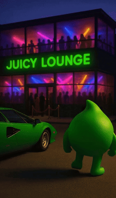 A Green Car Is Parked In Front Of A Neon Lit Juicy Lounge GIF