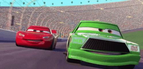 A Green Car With The Number 86 On The Front Is Racing A Red Car GIF