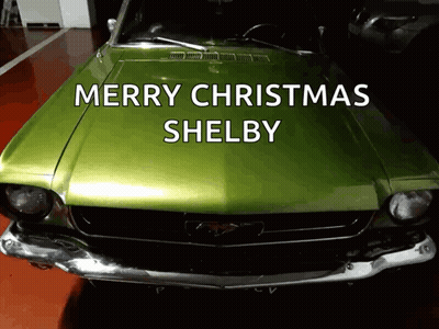 A Green Car With The Words Merry Christmas Shelby On The Hood GIF