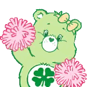 A Green Care Bear With A Bow On Its Head Is Holding Pink Flowers . Sticker