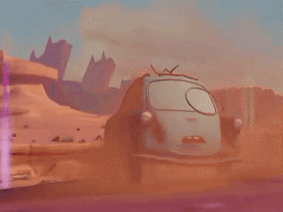 A Green Cartoon Car Is Driving Down A Road With Mountains In The Background GIF