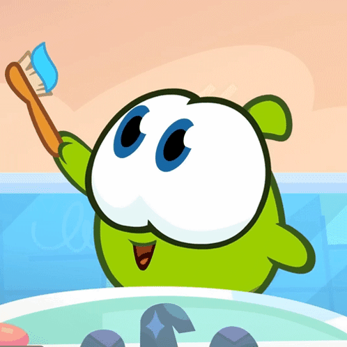 A Green Cartoon Character Is Brushing His Teeth With A Blue Toothpaste GIF