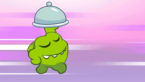 A Green Cartoon Character Is Holding A Tray On Its Head GIF