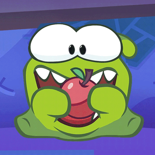 A Green Cartoon Character Is Holding An Apple In Its Mouth GIF