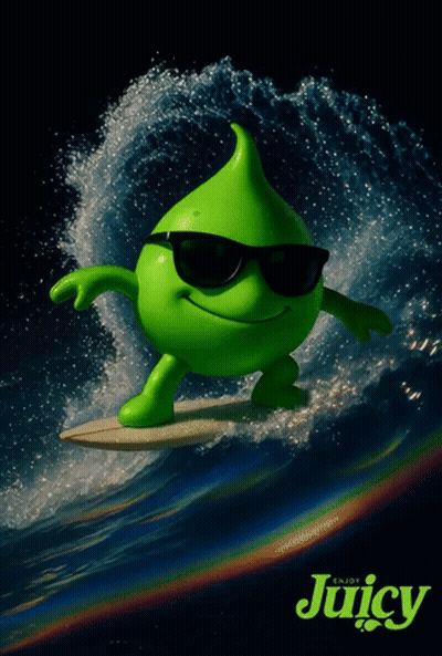 A Green Cartoon Character Is Riding A Wave On A Surfboard With The Words Juicy Below It GIF