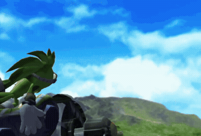 A Green Cartoon Character Is Standing In A Field With A Blue Sky In The Background GIF