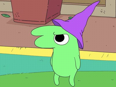 A Green Cartoon Character Is Wearing A Purple Witch Hat GIF