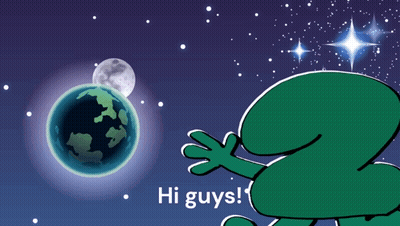 A Green Cartoon Character Says Hi Guys In Front Of A Globe GIF