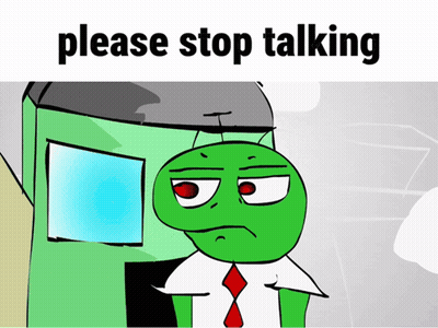 A Green Cartoon Character Says Please Stop Talking In Front Of A Building GIF