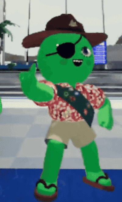 A Green Cartoon Character Wearing A Hawaiian Shirt And A Cowboy Hat Is Giving A Thumbs Up GIF