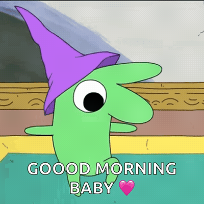 A Green Cartoon Character Wearing A Purple Hat Says " Good Morning Baby " GIF