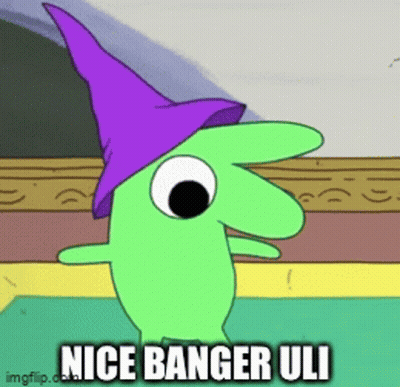 A Green Cartoon Character Wearing A Purple Witch Hat Says Nice Banger Uli . GIF