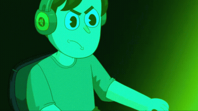 A Green Cartoon Character Wearing Headphones With A Smiley Face GIF