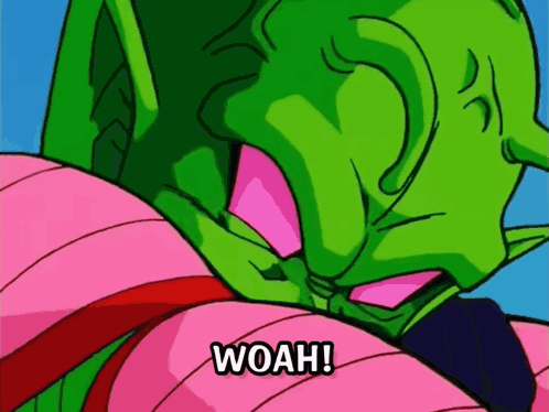 A Green Cartoon Character With A Pink Face And The Words Woah On The Bottom GIF