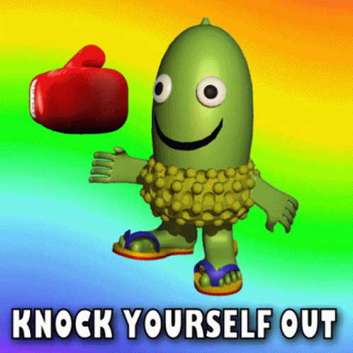 A Green Cartoon Character With A Red Boxing Glove And The Words " Knock Yourself Out " GIF