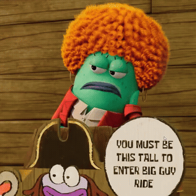 A Green Cartoon Character With An Orange Afro Says You Must Be This Tall To Enter Big Guy Ride GIF