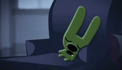 A Green Cartoon Character With Big Eyes And A Big Nose GIF