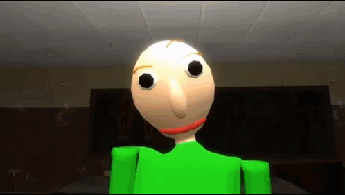 A Green Cartoon Character With Big Eyes And A Red Mouth Is Standing In A Classroom . GIF