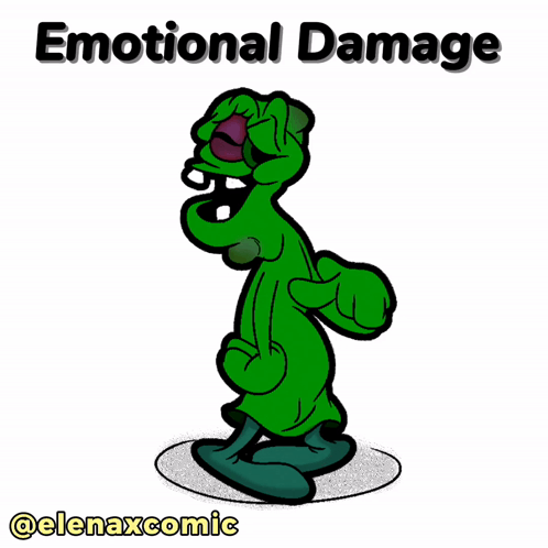 A Green Cartoon Character With Emotional Damage Written On The Bottom GIF
