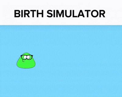 A Green Cartoon Character With Glasses And A Yellow Egg On A Pink Background With The Words Birth Simulator Below It GIF