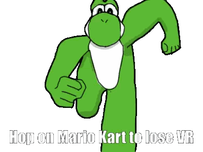 A Green Cartoon Character With The Words Hop On Mario Kart To Lose Vr Written Below Him Sticker