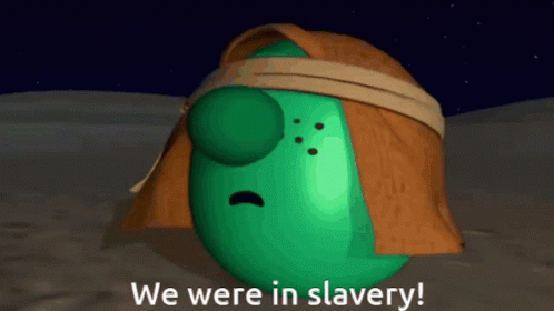 A Green Cartoon Character With The Words We Were In Slavery On The Bottom GIF