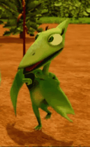 A Green Cartoon Dinosaur Is Standing On The Ground GIF