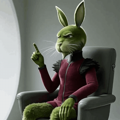A Green Cartoon Rabbit Is Sitting In A Chair And Pointing Up GIF