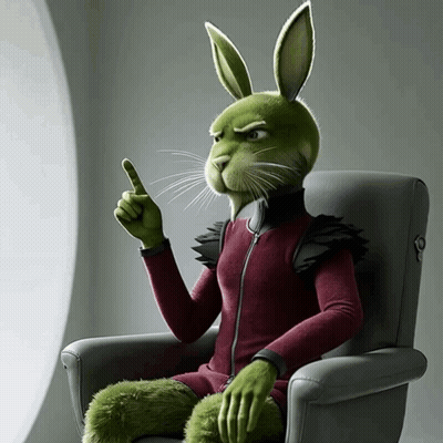 A Green Cartoon Rabbit Is Sitting In A Chair And Pointing Up GIF