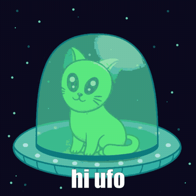 A Green Cat In A Glass Dome With The Words Hi Ufo Written Below It GIF
