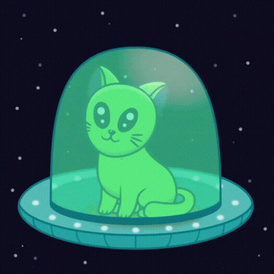A Green Cat Is Sitting Inside Of A Glass Dome In A Spaceship GIF