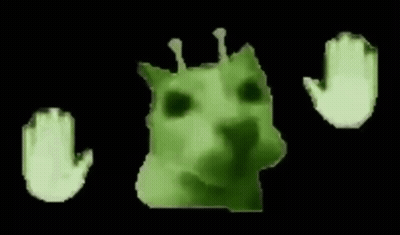 A Green Cat With A Crown On Its Head And Two Green Hands Behind It . GIF