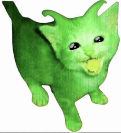 A Green Cat With A Yellow Ball In Its Mouth Is Looking At The Camera GIF