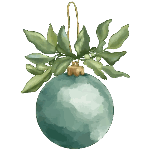 A Green Christmas Ornament With Mistletoe Leaves Hanging From It Sticker