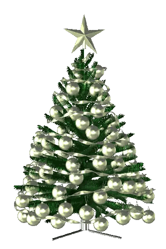 A Green Christmas Tree With Silver Ornaments And A Gold Star On Top Sticker