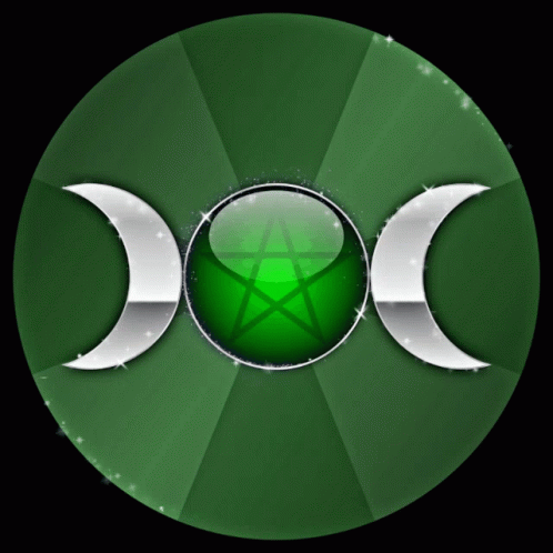 A Green Circle With Three Crescent Moons And A Pentagram In The Middle GIF