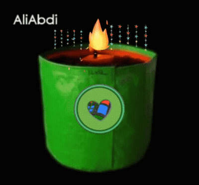 A Green Container With A Candle Inside Of It And The Name Aliabadi On The Bottom GIF