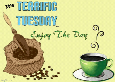 A Green Cup Of Coffee Sits Next To A Bag Of Coffee Beans On A Saucer . GIF