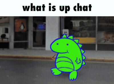A Green Dinosaur Is Walking Down A Street With The Words What Is Up Chat Below It GIF