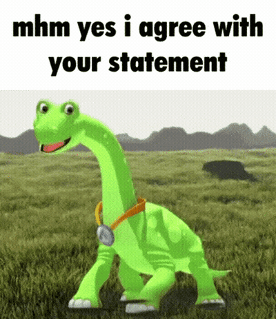 A Green Dinosaur Is Walking Through A Grassy Field . GIF