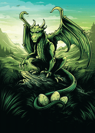 A Green Dragon Is Sitting On A Rock With Eggs GIF