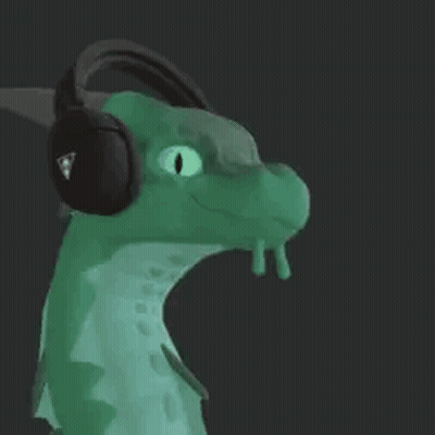 A Green Dragon Wearing Headphones With A Triangle On Them . GIF