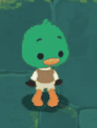 A Green Duck With Orange Feet And A White Shirt Is Standing On A Rock . GIF