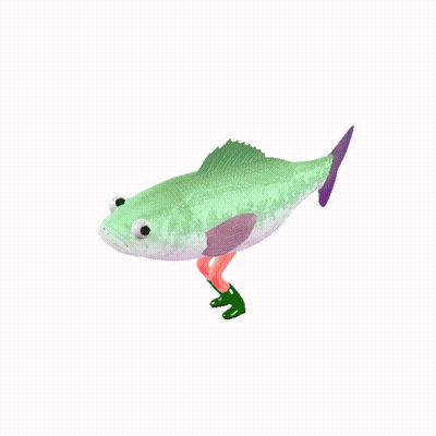 A Green Fish With A Purple Tail Is Wearing Green Socks GIF