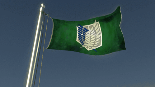 A Green Flag With A Blue Shield On It Is Flying In The Wind GIF