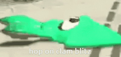 A Green Frog Is Laying On The Ground With The Words `` Hop On Clam Blitz '' . GIF