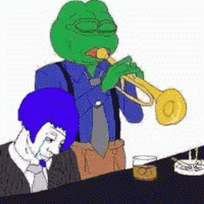 A Green Frog Is Playing A Trumpet Next To A Blue Man GIF