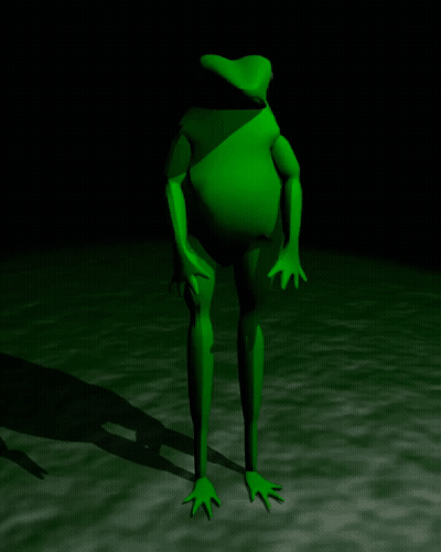 A Green Frog Is Standing In A Dark Room With A Black Background . GIF